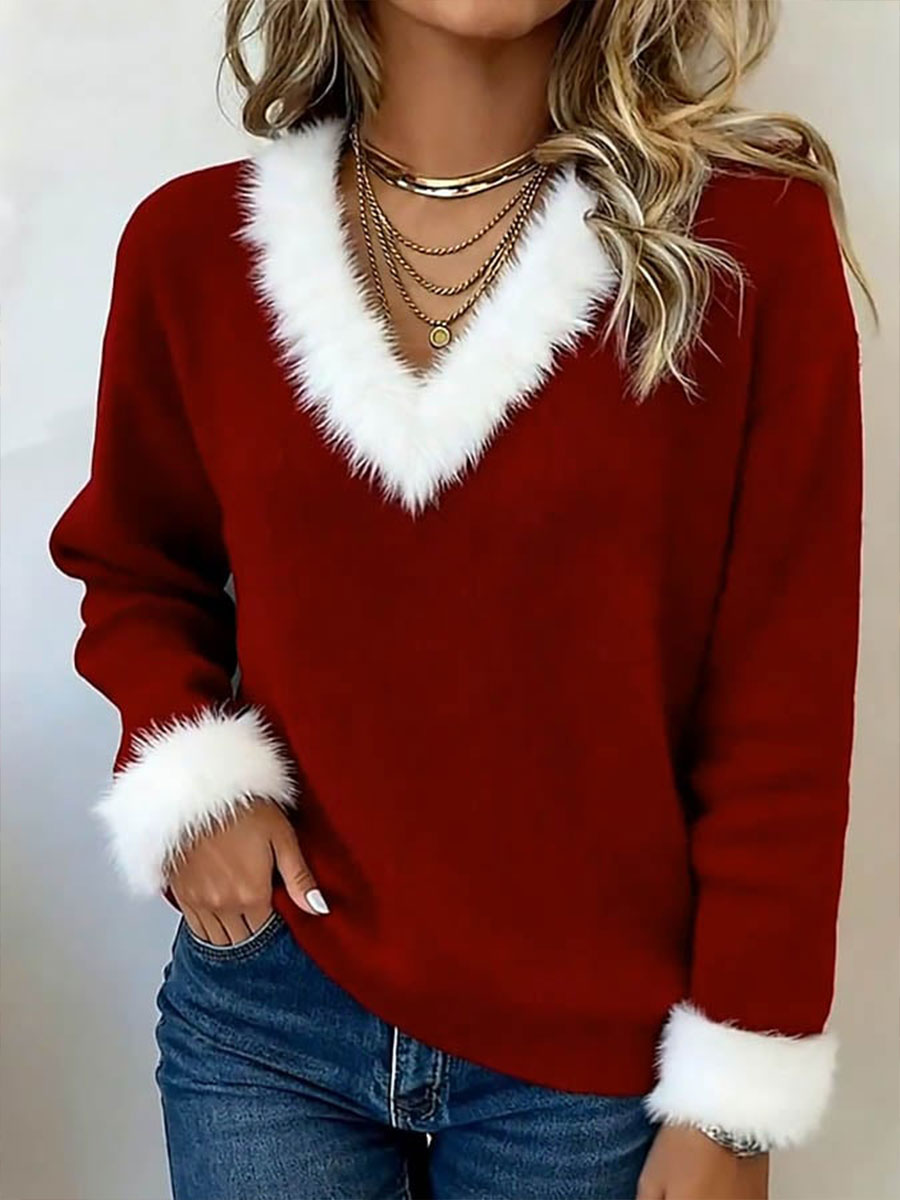 Christmas V-Neck Fluffy-Trim Long-Sleeve Top
