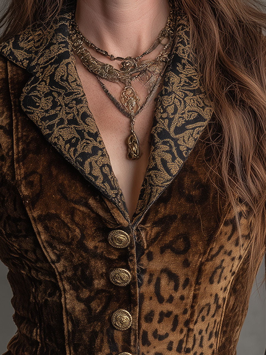 Vintage Leopard Print Gold Velvet Patchwork Vest