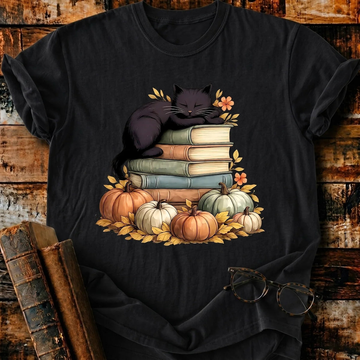 Black Cat Sleep On Books T-Shirt