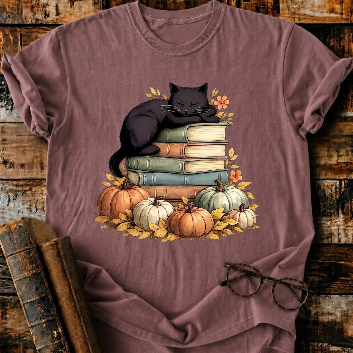 Black Cat Sleep On Books T-Shirt