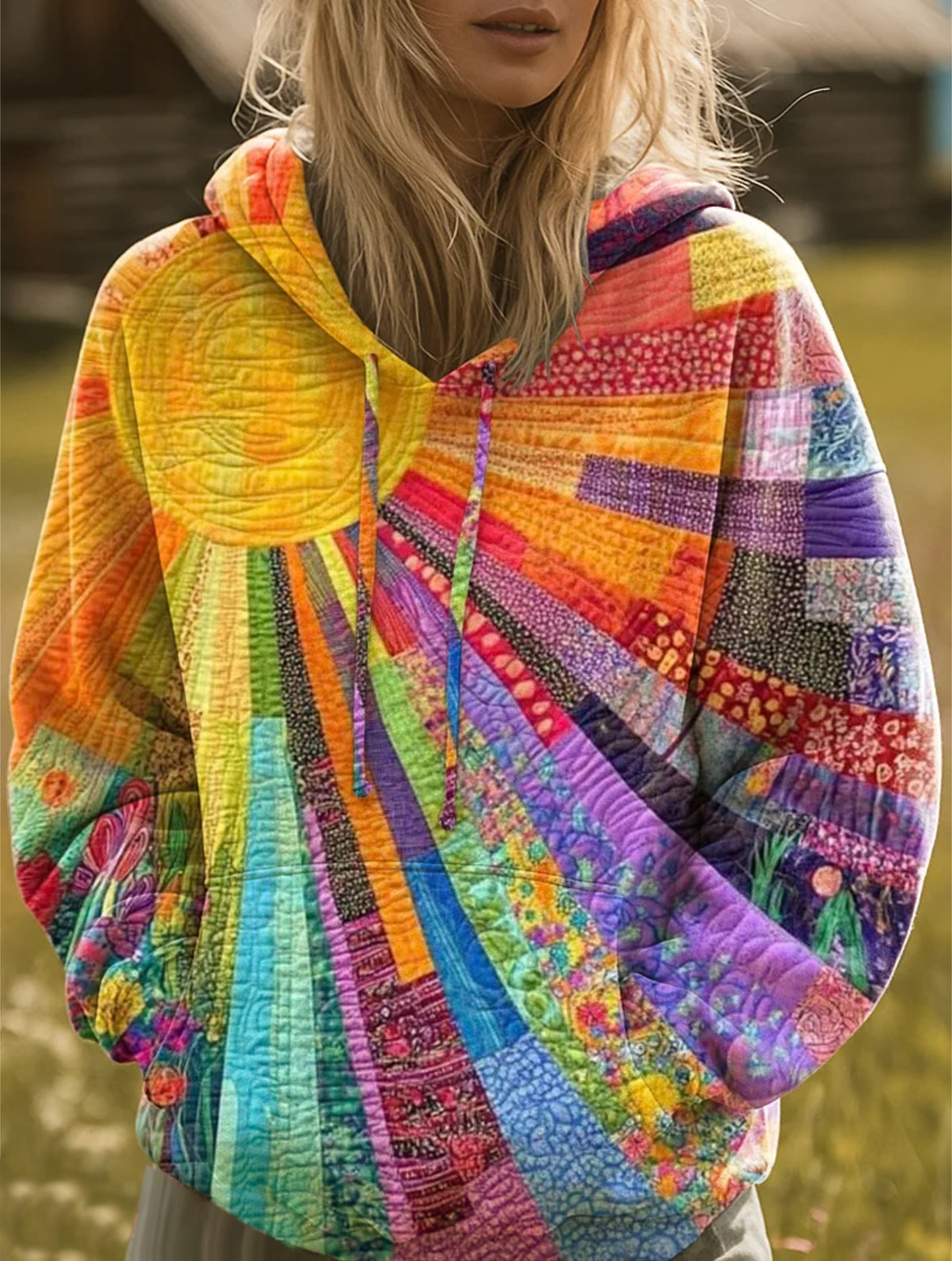 Bohemian Multicolor Patchwork Sun Pattern Art Print Casual Hoodie