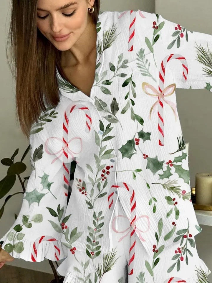 Women's Christmas Candy Cane Print Long-Sleeve Top & Pants Set