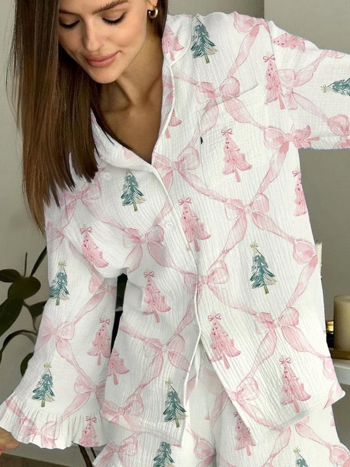 Ladies Pink Bow Christmas Tree Cute Elegant Pajama Set