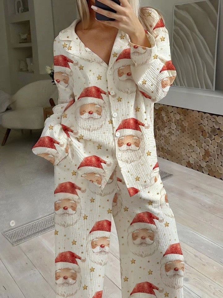 Women's Christmas Santa Claus Pattern Long Sleeve Pants Suit
