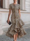 Exotic Leopard Print Mermaid Midi Dress with Tiered Ruffle Hem