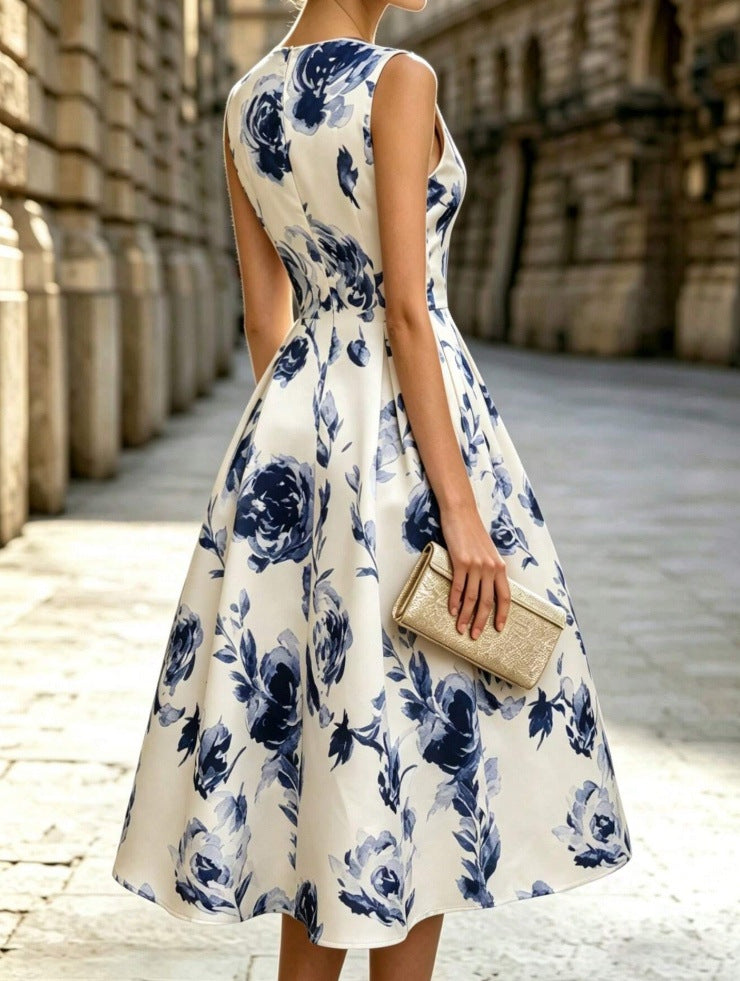 2026 Fashionable Floral Sleeveless Waist-Tight Elegant Sleeveless Midi Dress