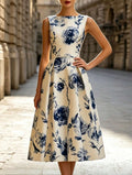 2026 Fashionable Floral Sleeveless Waist-Tight Elegant Sleeveless Midi Dress