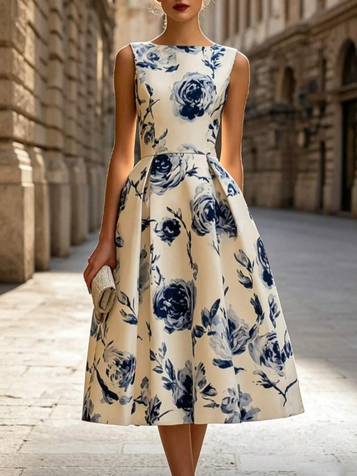 2026 Fashionable Floral Sleeveless Waist-Tight Elegant Sleeveless Midi Dress