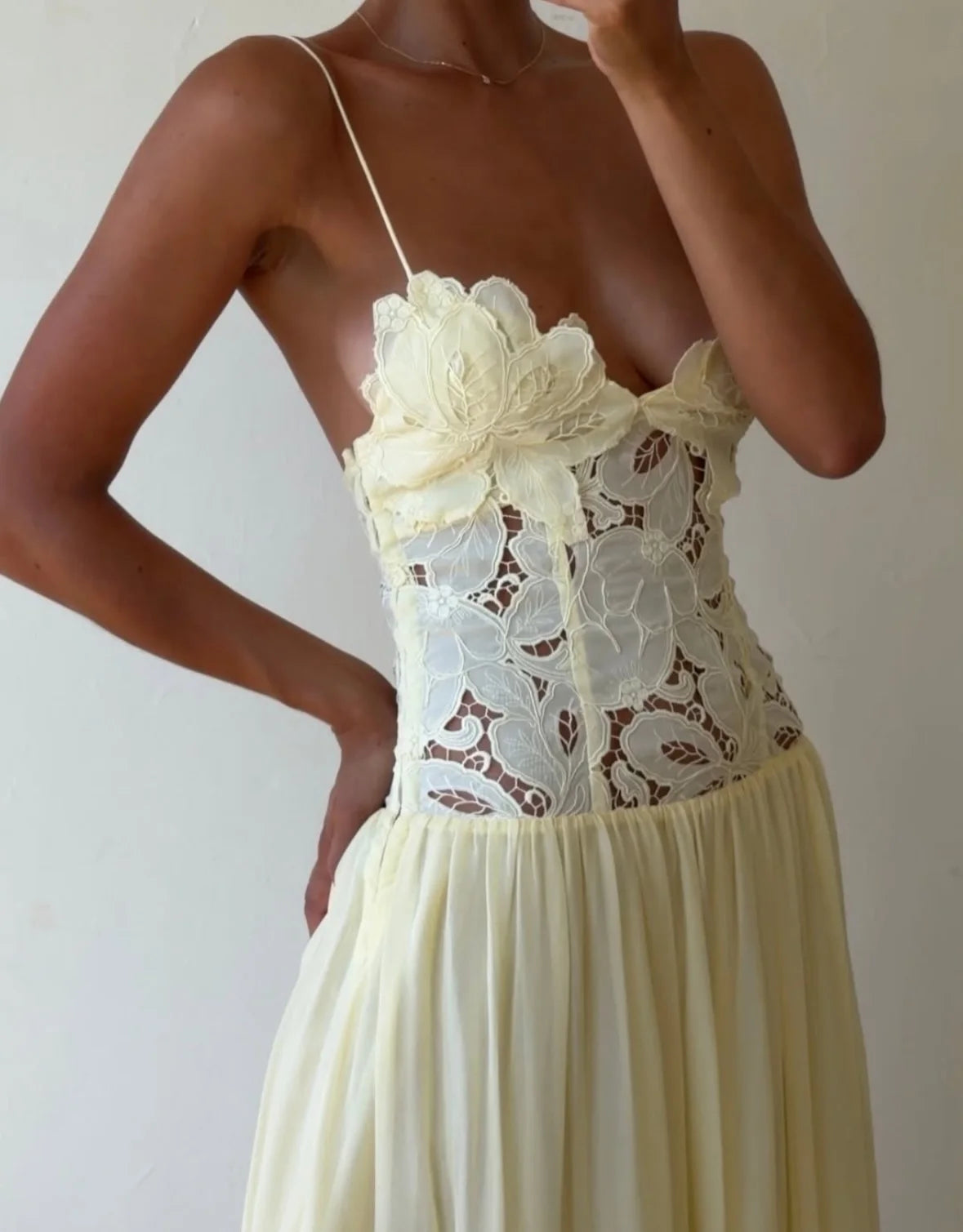 Cream Yellow 3D Floral Lace Patchwork Cross Backless Ruched Waist Flowy Maxi Vacation Dress