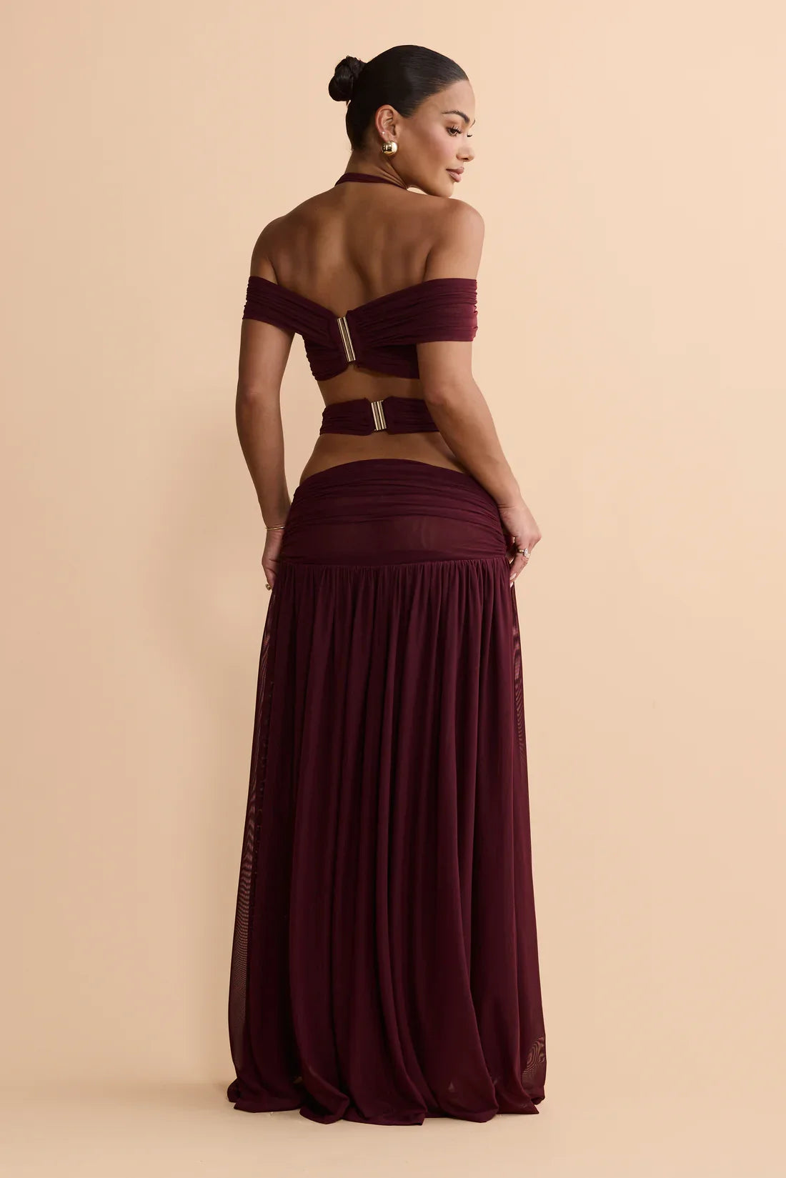 Y2K Halter Off-Shoulder Mesh Cut-Out Waist-Cinching Maxi Two-Piece Set | Sexy Backless Vacation Outfit