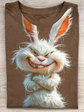 Vintage Grinning Evil Rabbit Graphic Crew Neck T-Shirt, Cartoon White Bunny Funny Casual Short Sleeve Tee