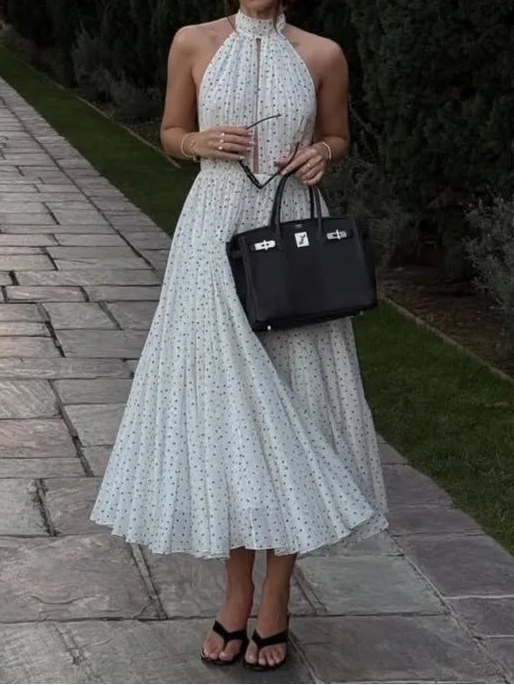 Polka Dot Halter Open Back Flowy A-line Maxi Dress