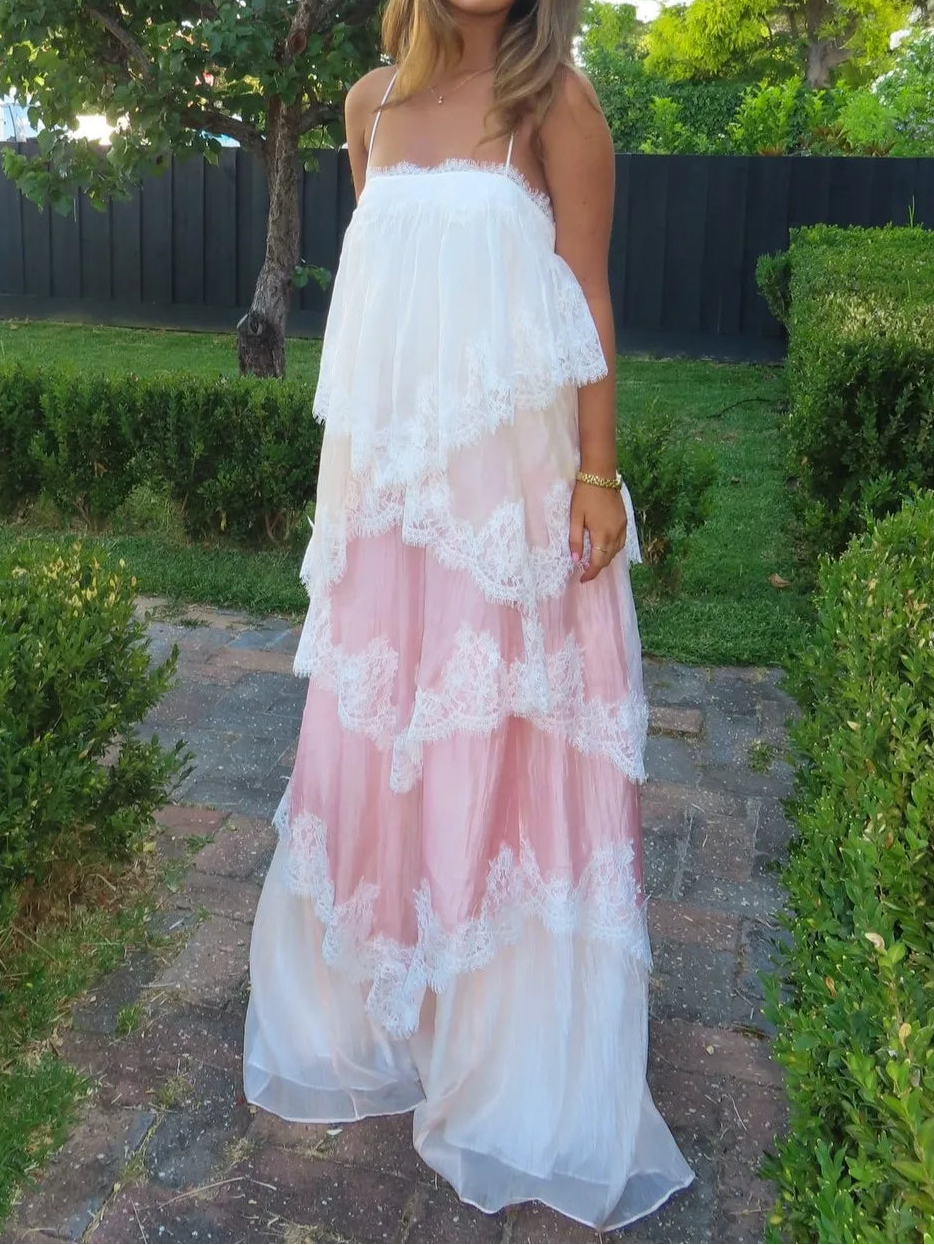 Pink & White Ombre Lace Layered Spaghetti Strap Cake Maxi Dress