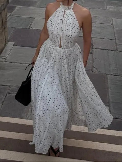 Polka Dot Halter Open Back Flowy A-line Maxi Dress