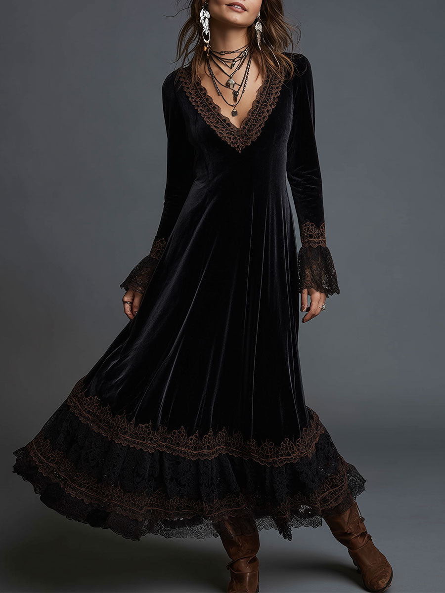 Retro Gold Velvet Lace Splicing Maxi Dress