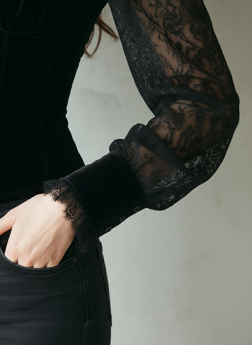 Elegant Black Velvet & Lace Victorian Blouse