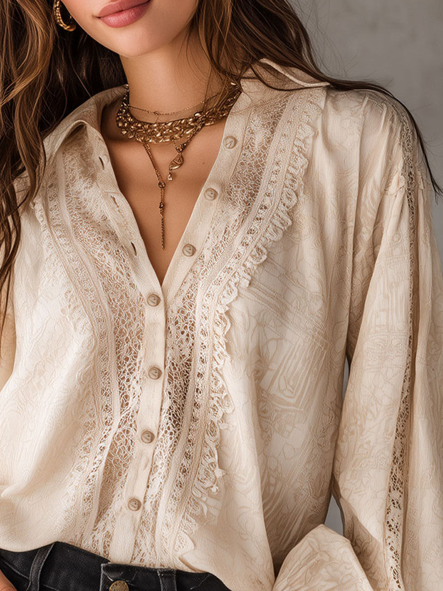 Romantic Victorian-Inspired Cream Print Lace Blouse