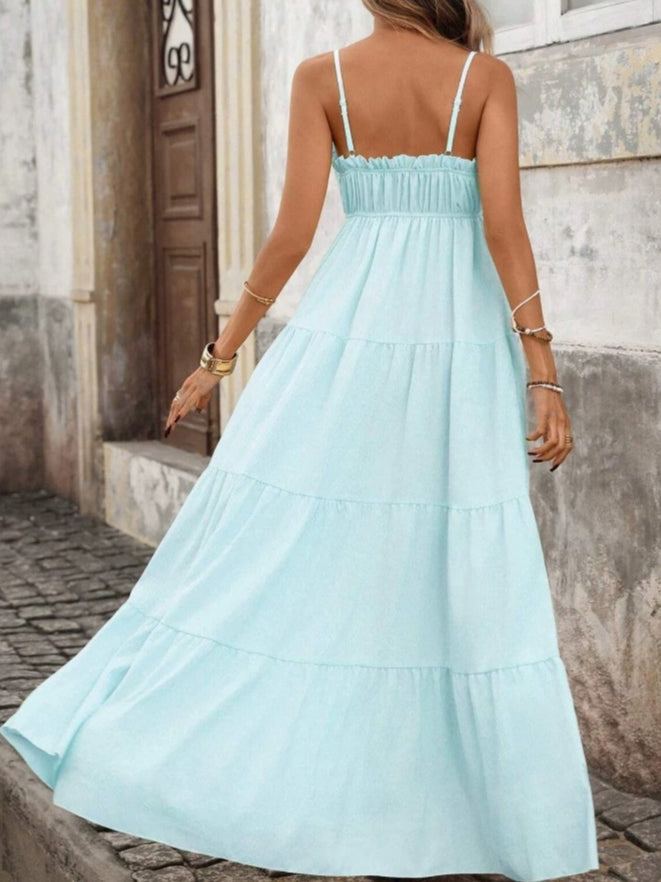 2026 European and American Ladies Spring and Summer French Style Vacation Sling Wooden Ear Tube Top Cinched Waist Long Texture Dress