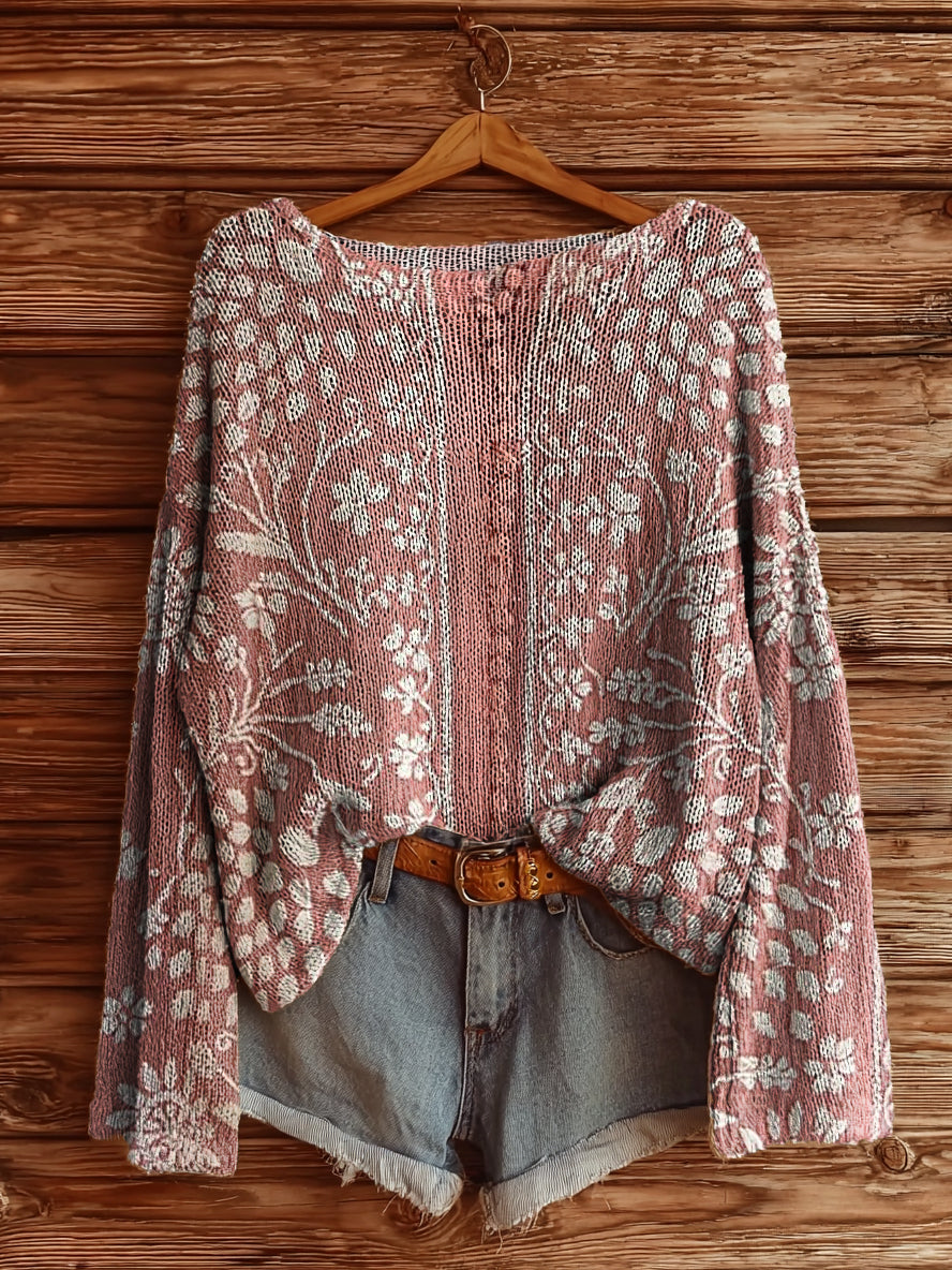 Women's Vintage Ethnic Floral Art Print Casual Pullover Sweater