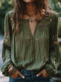 Bohe Floral Embroidered Cotton Olive Green Shirt