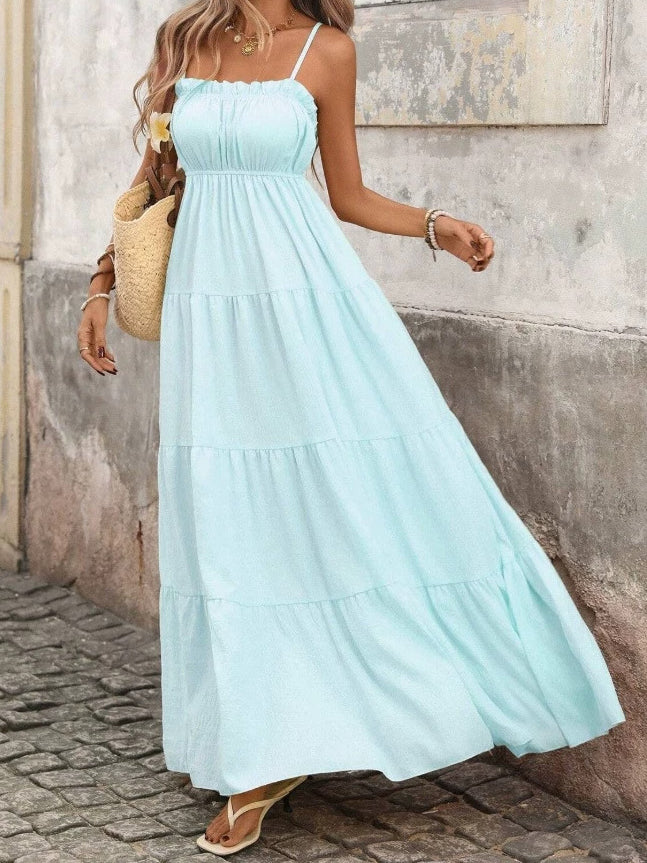 2026 European and American Ladies Spring and Summer French Style Vacation Sling Wooden Ear Tube Top Cinched Waist Long Texture Dress