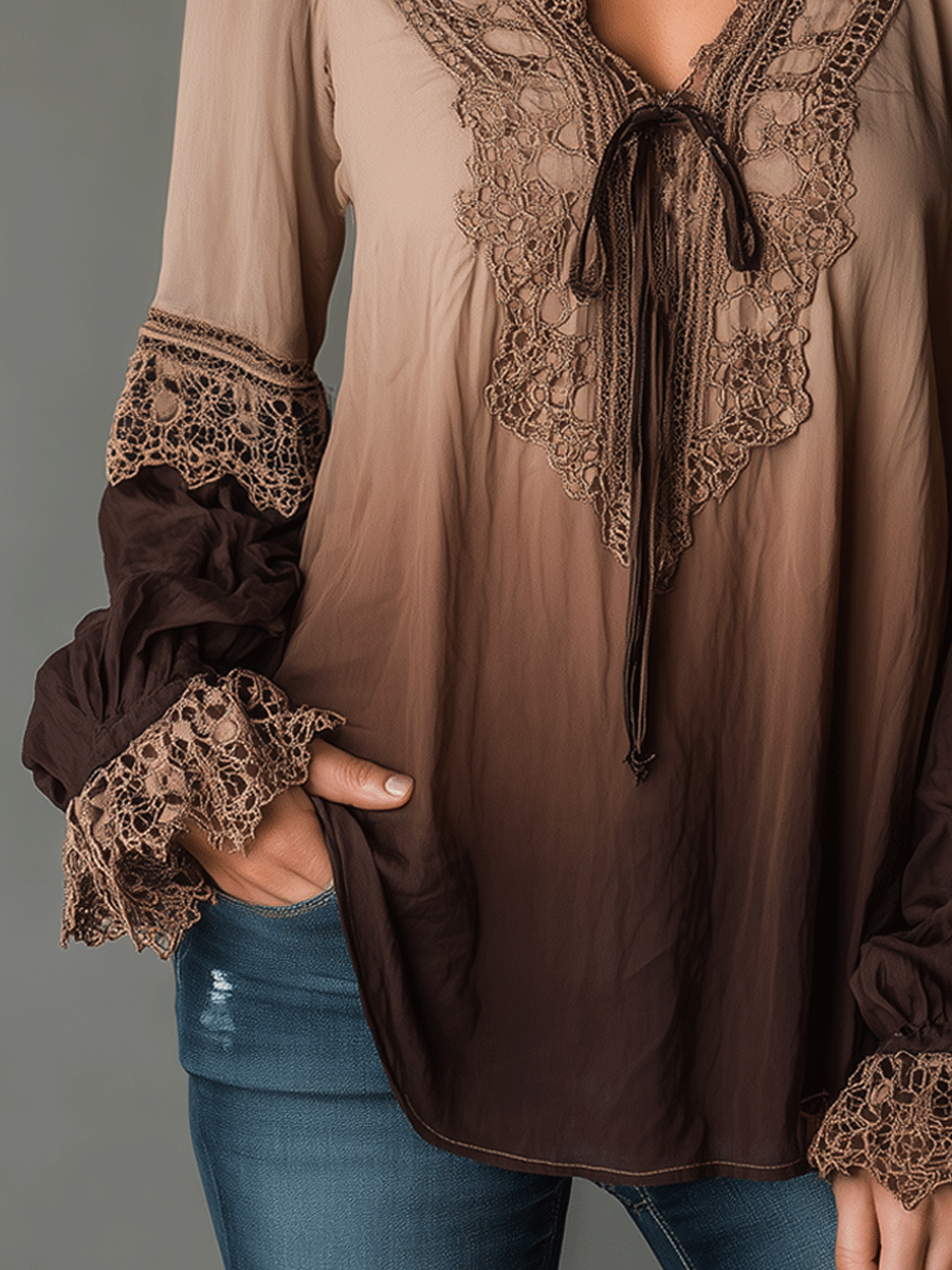 Bohemian Style Gradient Lace Pastoral Style Shirt