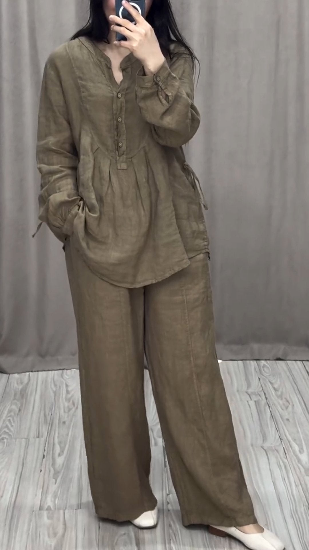 Women Cotton and Linen V-neck Two-piece Suit
