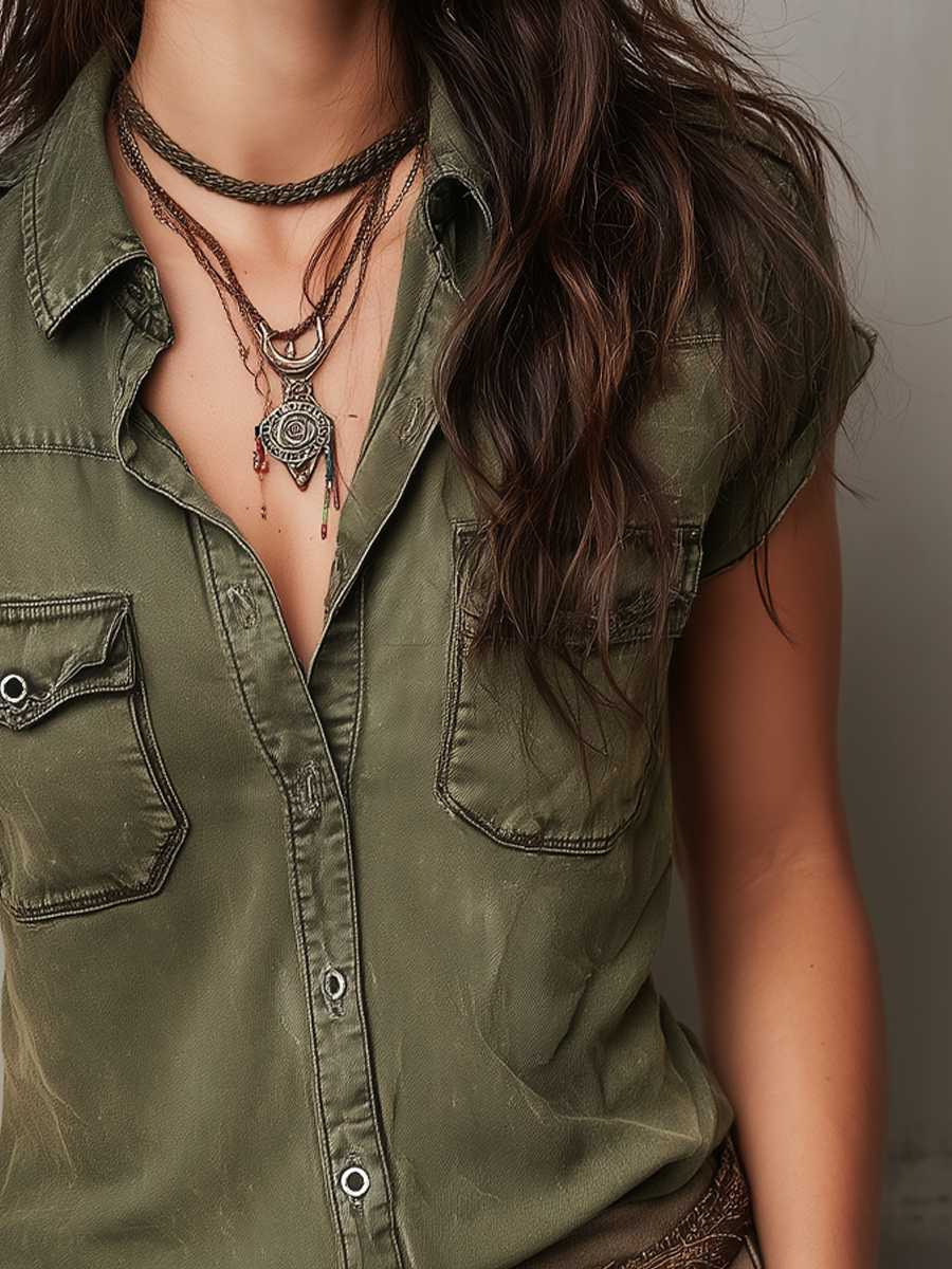 Vintage Washed Short Sleeve Denim Blouse