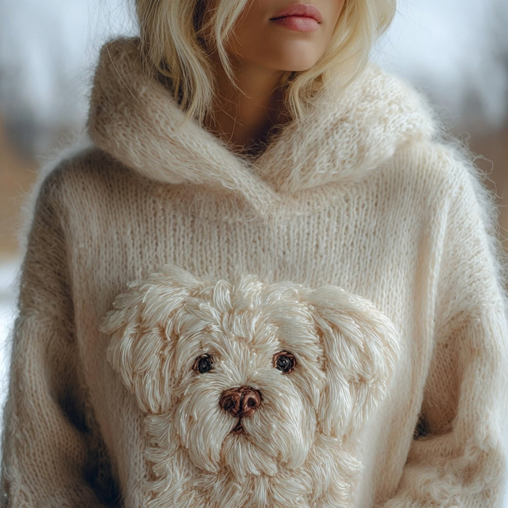 Cute Fuzzy Dog Embroidered Cozy Hooded Sweater