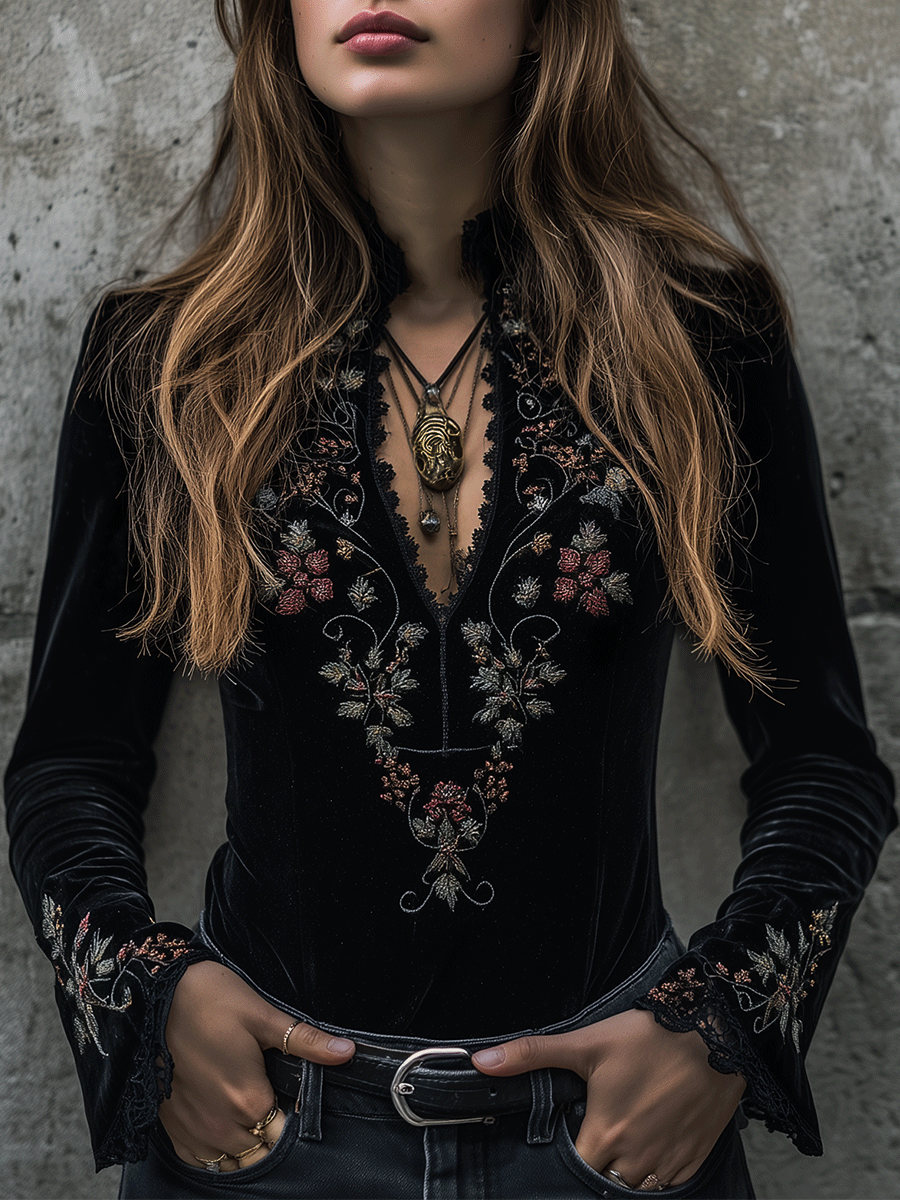 Boho Luxe Black Velvet Floral Embroidered Top