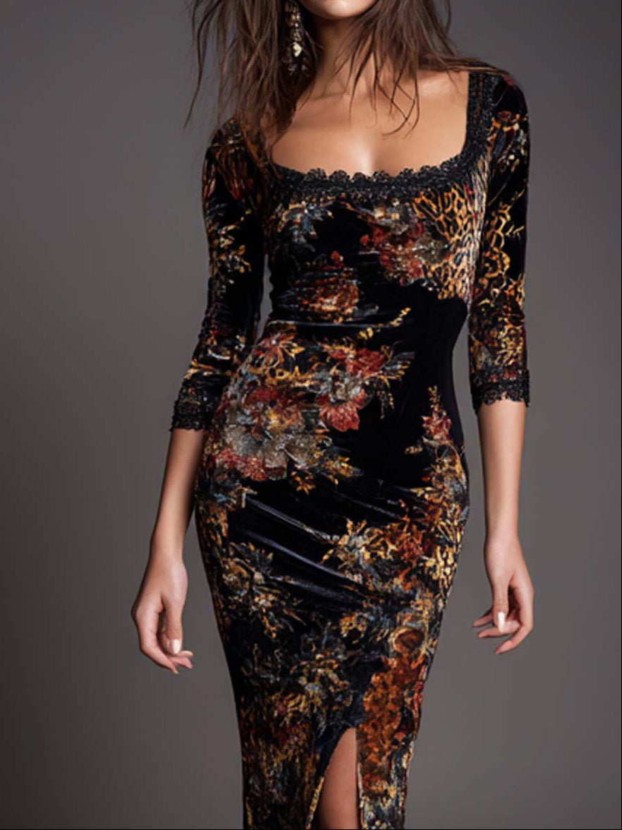 Vintage Lace-trimmed Slit Hem Floral Leopard Print Polyester Satin Midi Dress