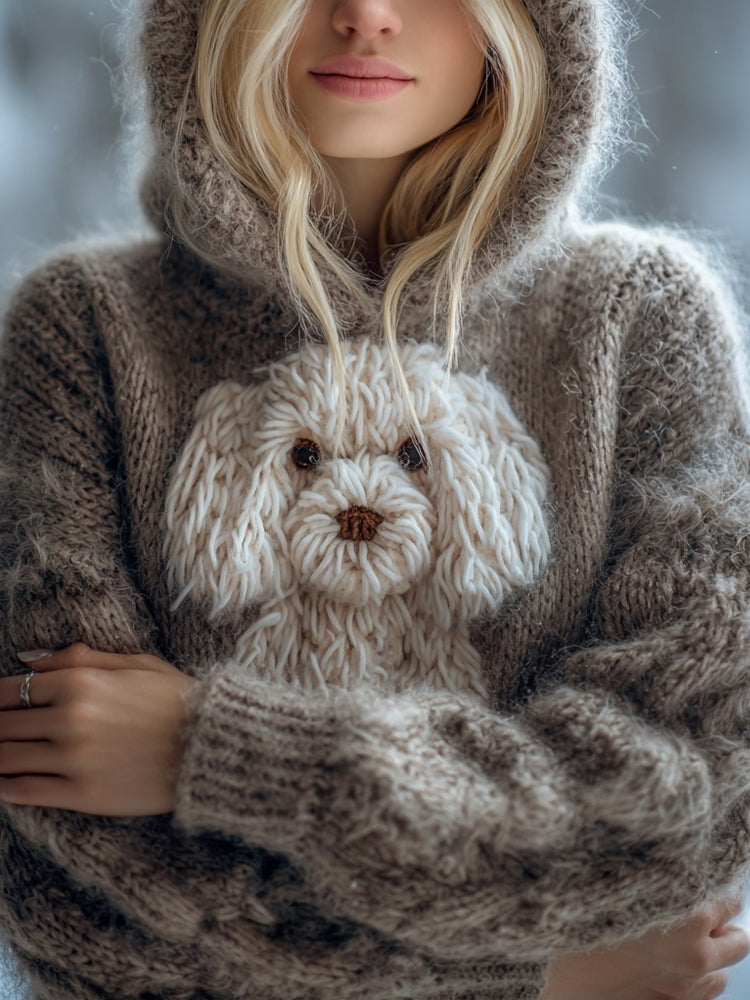 Cute Fuzzy Dog Embroidered Soft Hooded Sweater