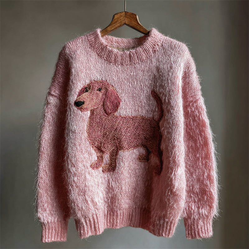 Pink Dachshund Embroidered Fuzzy Cozy Knit Sweater