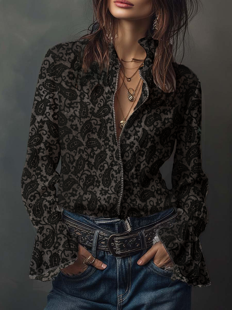 Retro Paisley Flocked Knitted Zipper Blouse