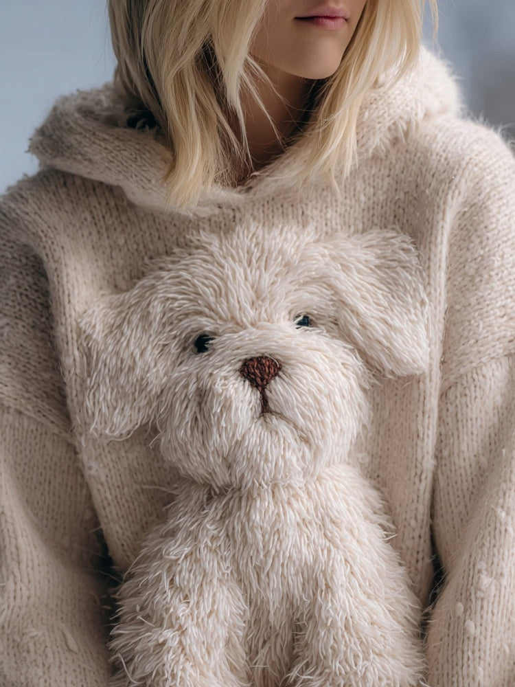 Cute Fuzzy Dog Embroidered Cozy Hooded Sweater