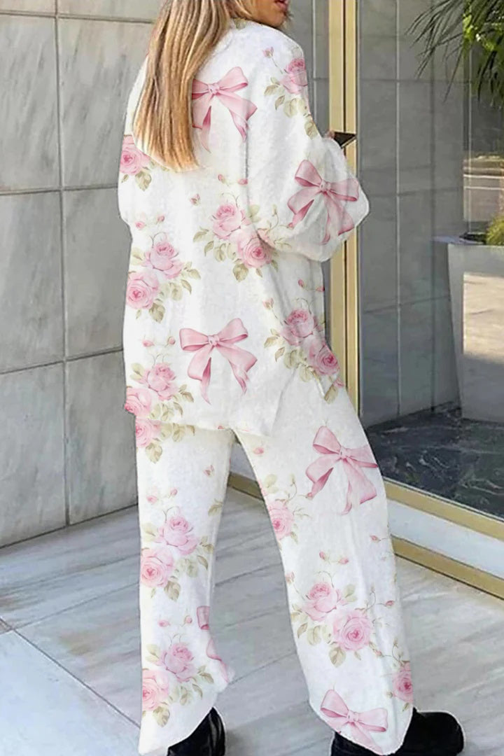 Women's Floral Bow Print Home Long Sleeve Suit