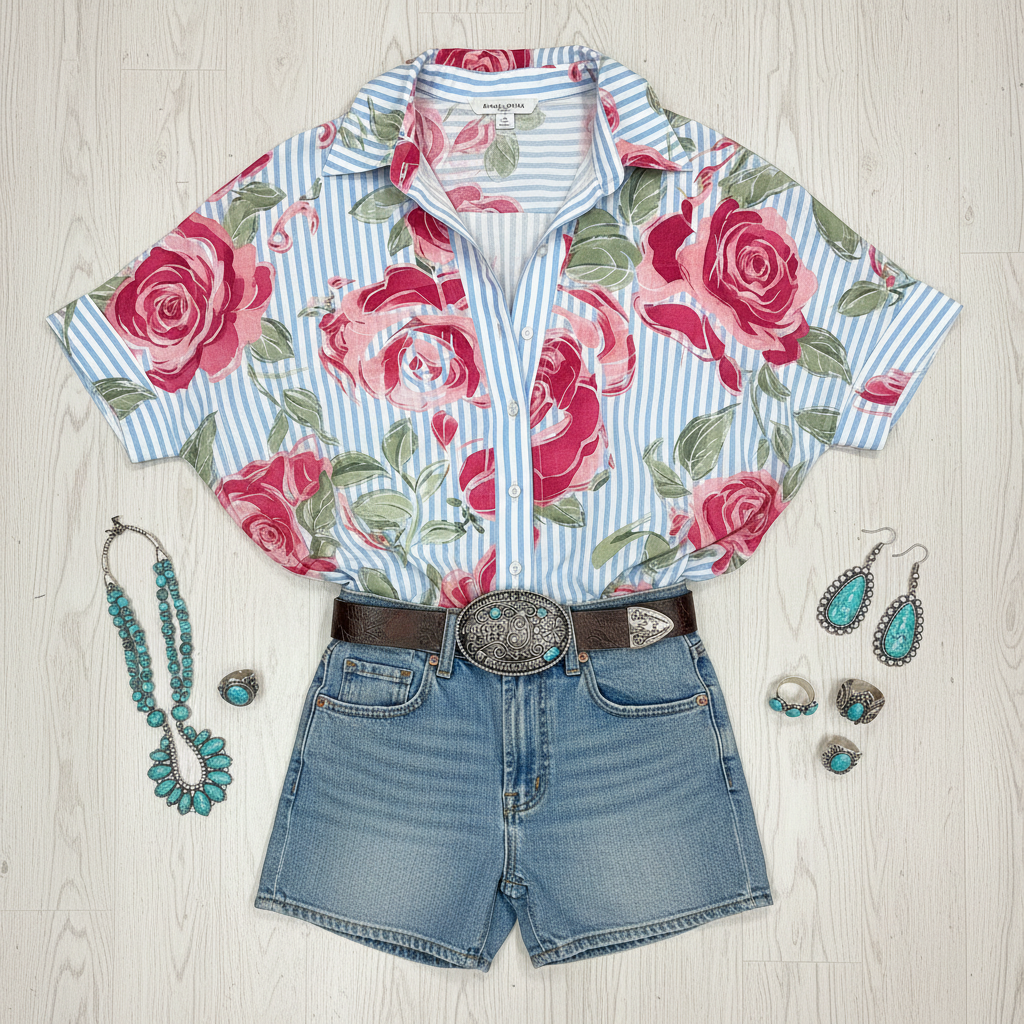 Blue and white striped short sleeve shirt with pink roses pattern - oversized relaxed fit styled with jeans and turquoise accessories