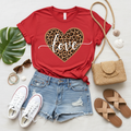 Red leopard heart love print short sleeve t-shirt - styled flat lay with denim shorts and accessories