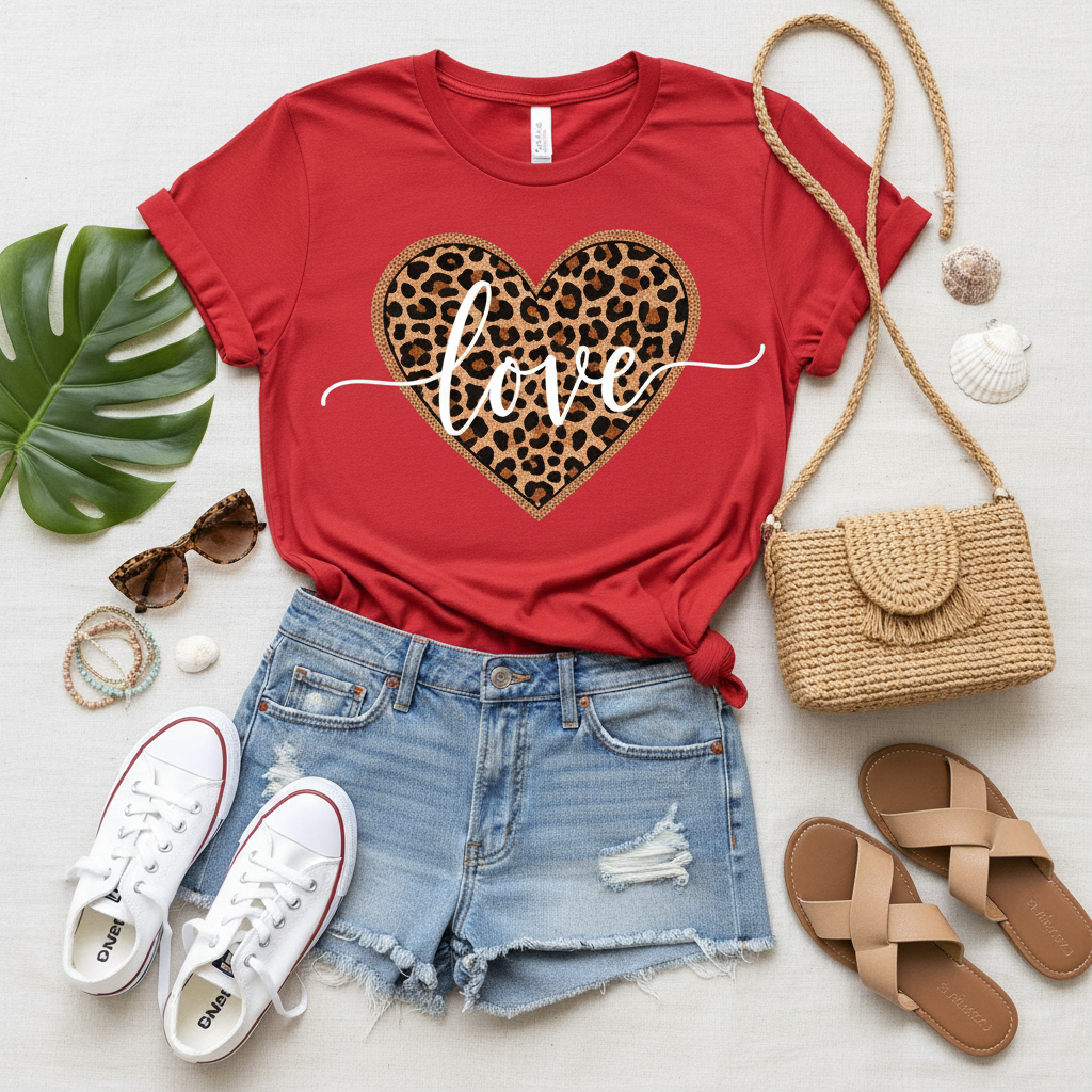 Red leopard heart love print short sleeve t-shirt - styled flat lay with denim shorts and accessories