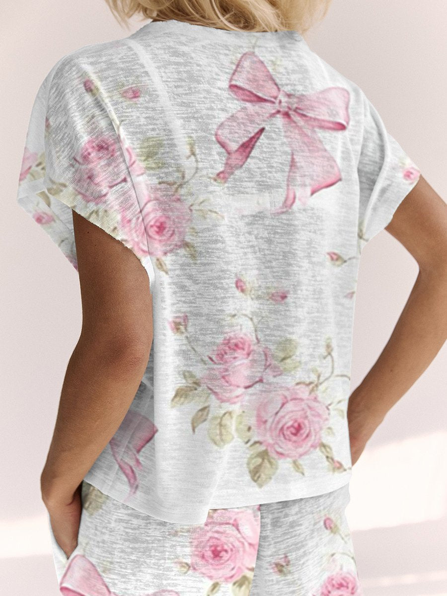 Ladies Pink Bow Flower Lounge Suit