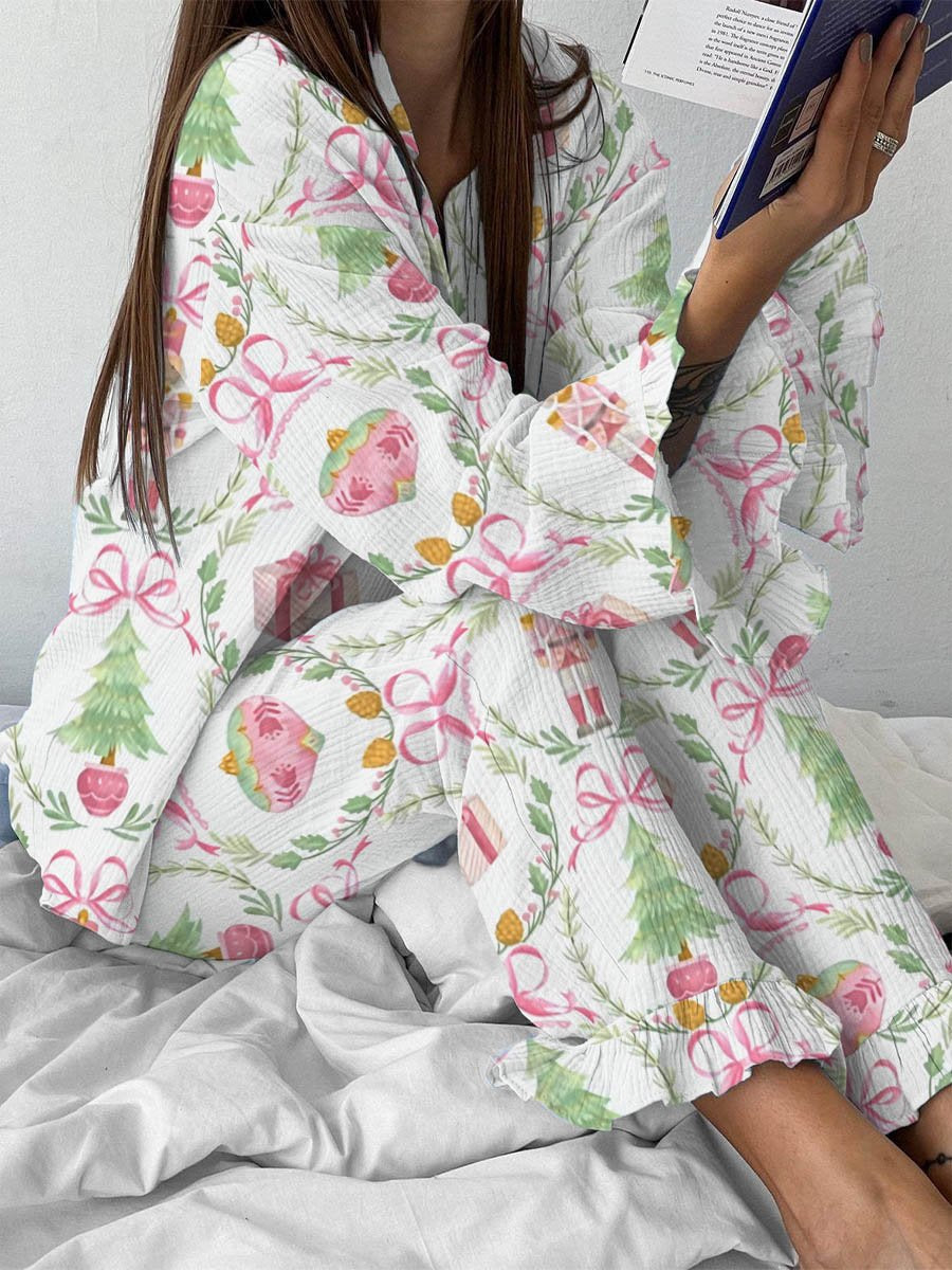 Women's Christmas Pink Bow Nutcracker Print Homewear Set