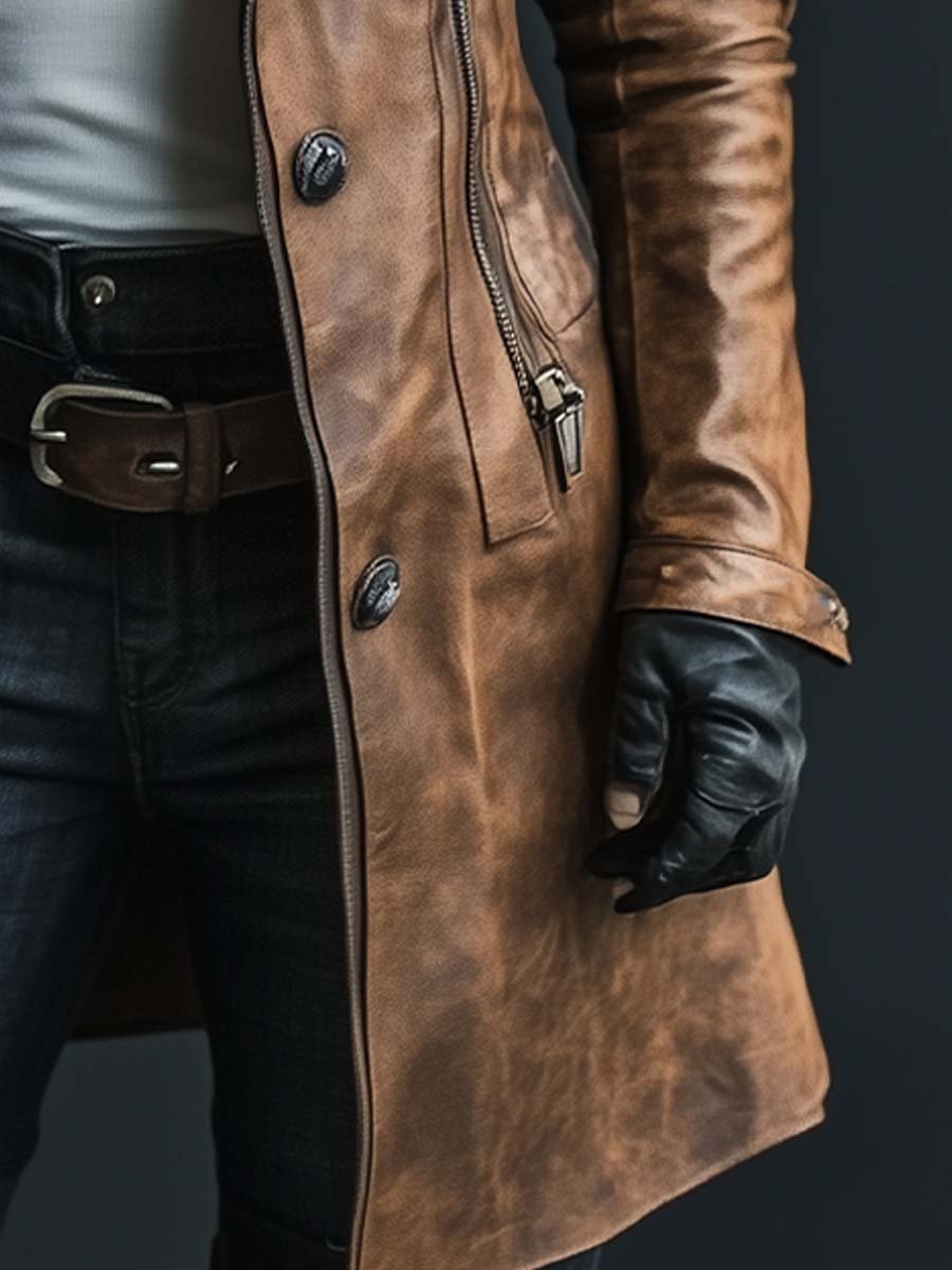 Women's Vintage Fur Collar Zipper Faux Leather Coat