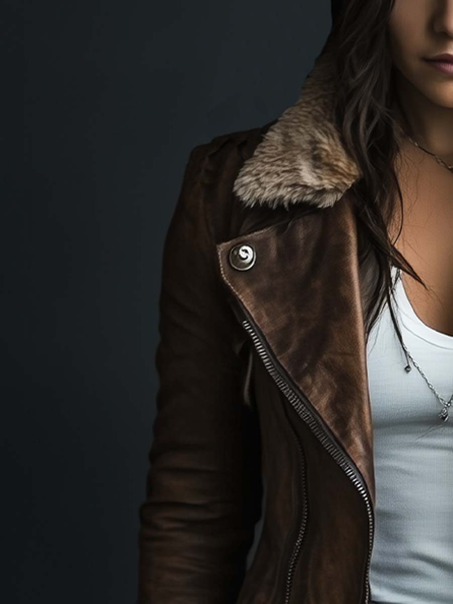 Women's Vintage Fur Collar Zipper Faux Leather Coat
