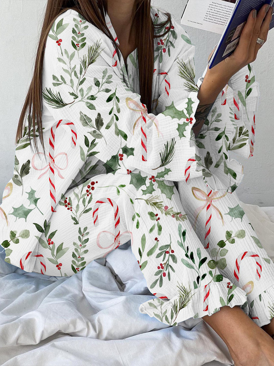 Women's Christmas Candy Cane Print Long-Sleeve Top & Pants Set